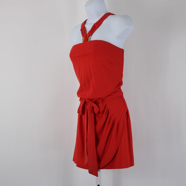Cache NEW $138 Sz M Coral Pink Goldtone Hardware Belted Rayon Spandex Romper