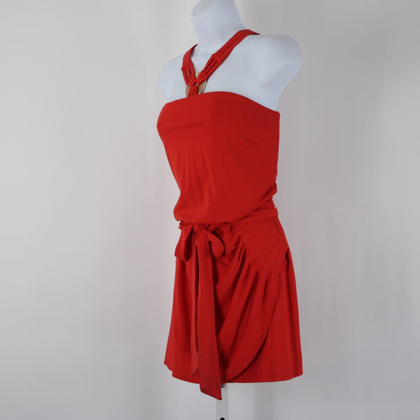 Cache NEW $138 Sz M Coral Pink Goldtone Hardware Belted Rayon Spandex Romper