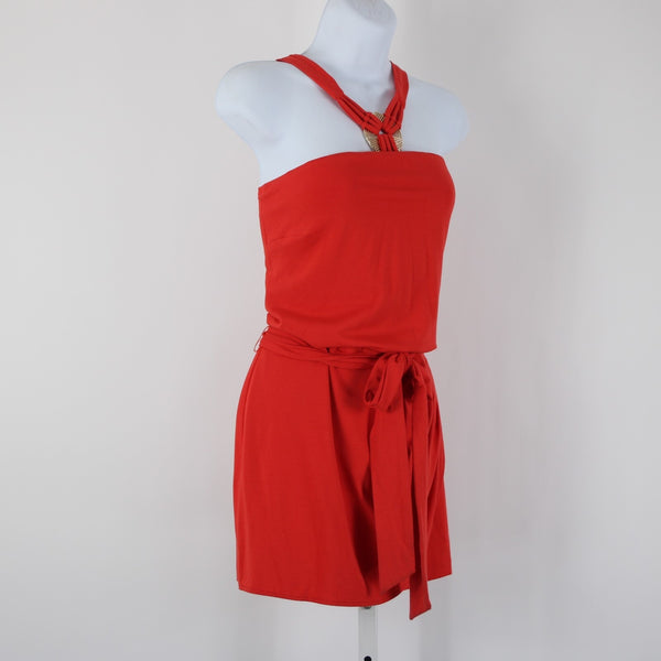 Cache NEW $138 Sz M Coral Pink Goldtone Hardware Belted Rayon Spandex Romper