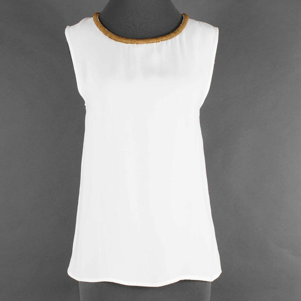 Violet + Claire Sz M White Gold Beaded Neck 100% Viscose Woven Top