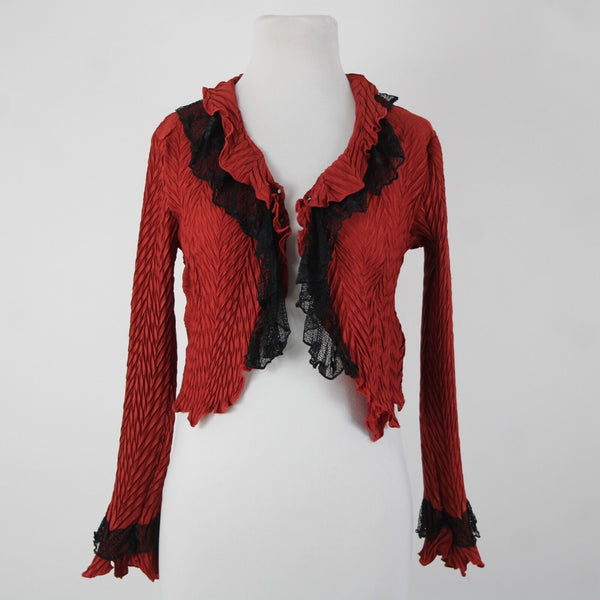 Komarov Sz S Red Black Lace Ruffles Collared 100% Polyester Wrap Sweater