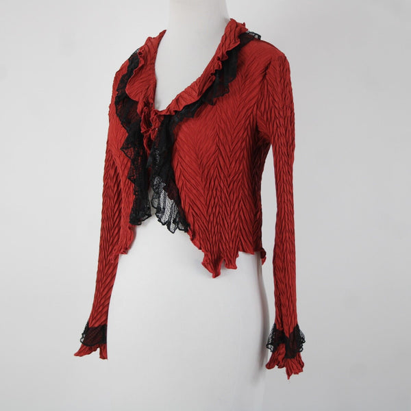 Komarov Sz S Red Black Lace Ruffles Collared 100% Polyester Wrap Sweater