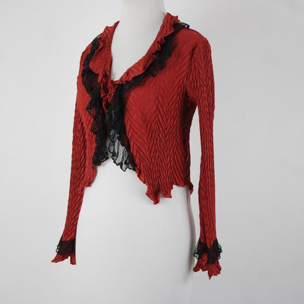 Komarov Sz S Red Black Lace Ruffles Collared 100% Polyester Wrap Sweater