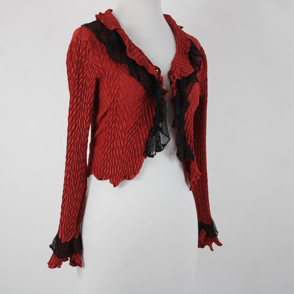 Komarov Sz S Red Black Lace Ruffles Collared 100% Polyester Wrap Sweater