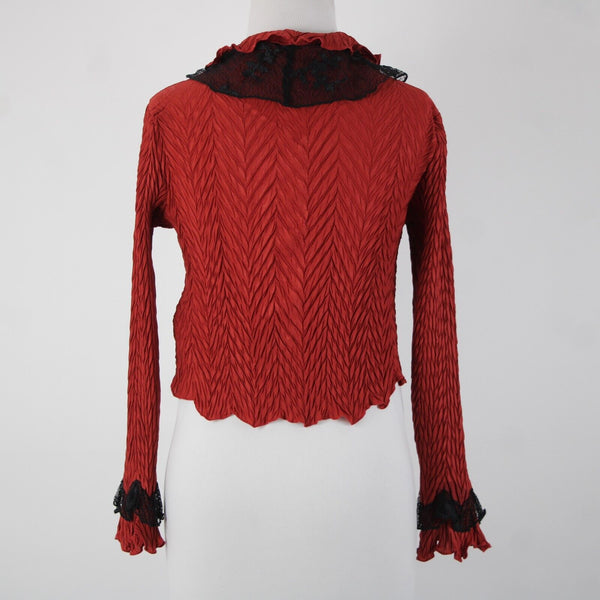 Komarov Sz S Red Black Lace Ruffles Collared 100% Polyester Wrap Sweater