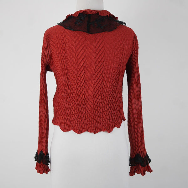 Komarov Sz S Red Black Lace Ruffles Collared 100% Polyester Wrap Sweater