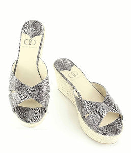 Kelsi Dagger Sz 9.5 Black Cream Snake Print Jute Bianca 3" Wedge Sandal