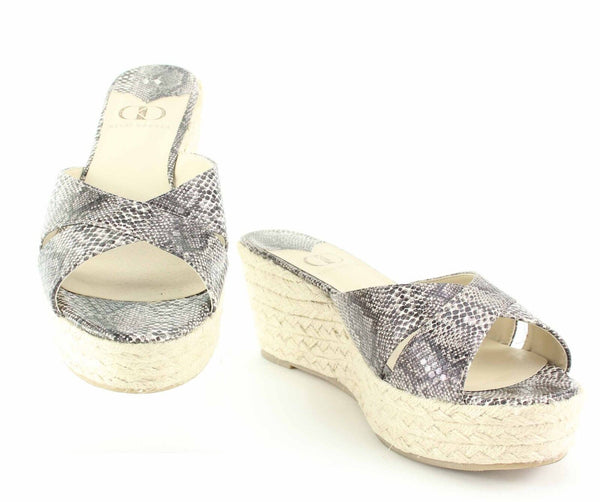 Kelsi Dagger Sz 9.5 Black Cream Snake Print Jute Bianca 3" Wedge Sandal