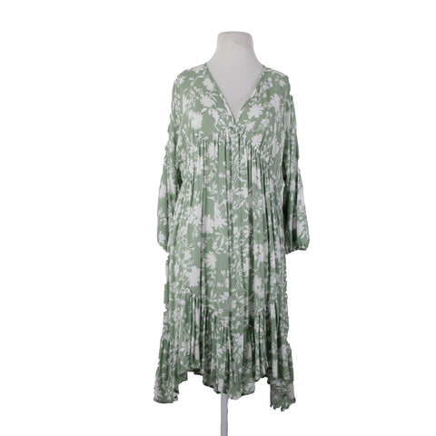 Ces Femme NEW $50 Sz S Green White FloralRuffle Pull Over 100% Rayon Dress