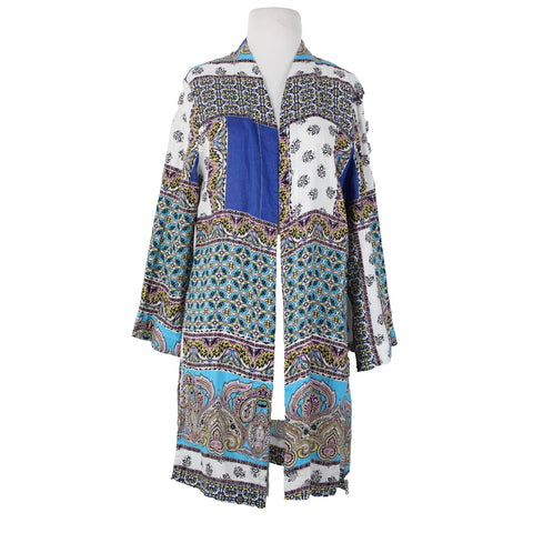 Chicos NEW $139 Sz 1 Blue White Multicolor Printed 100% Linen Wrap Sweater