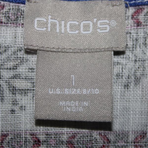 Chicos NEW $139 Sz 1 Blue White Multicolor Printed 100% Linen Wrap Sweater