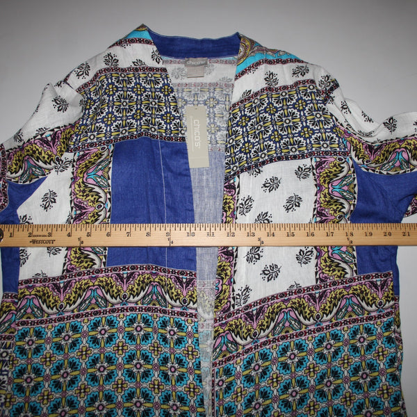 Chicos NEW $139 Sz 1 Blue White Multicolor Printed 100% Linen Wrap Sweater