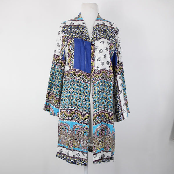 Chicos NEW $139 Sz 1 Blue White Multicolor Printed 100% Linen Wrap Sweater