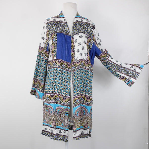Chicos NEW $139 Sz 1 Blue White Multicolor Printed 100% Linen Wrap Sweater