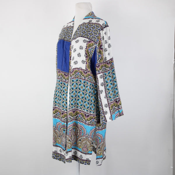 Chicos NEW $139 Sz 1 Blue White Multicolor Printed 100% Linen Wrap Sweater
