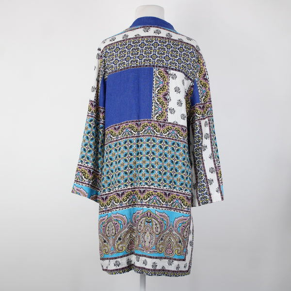Chicos NEW $139 Sz 1 Blue White Multicolor Printed 100% Linen Wrap Sweater