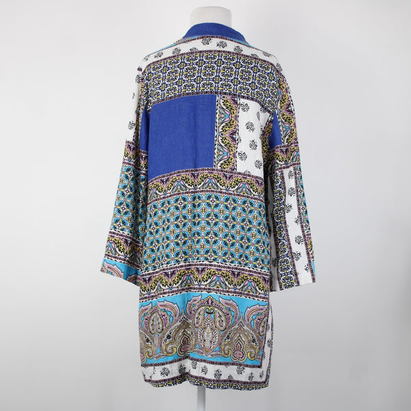 Chicos NEW $139 Sz 1 Blue White Multicolor Printed 100% Linen Wrap Sweater