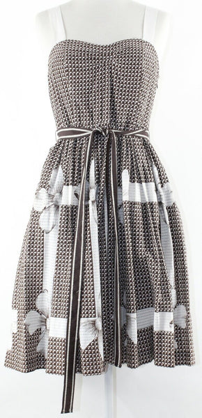 Edme Esylite Sz 4 Brown Cream Belted Pleated Fit n Flare 100% Cotton Dress