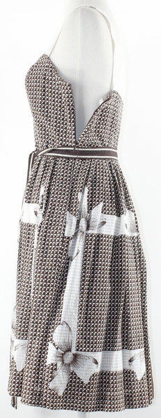 Edme Esylite Sz 4 Brown Cream Belted Pleated Fit n Flare 100% Cotton Dress