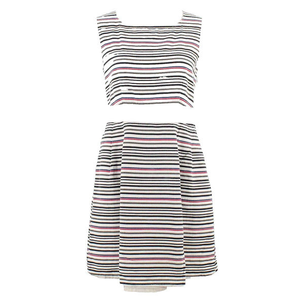 Tulle Sz L Ivory Multi Textured Striped Back Bow 100% Cotton Dress