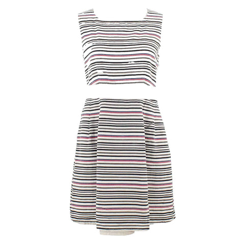 Tulle Sz L Ivory Multi Textured Striped Back Bow 100% Cotton Dress