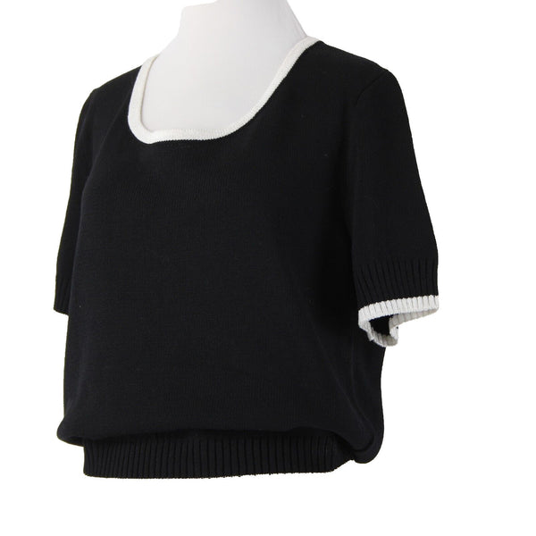 St John Sport Sz L Black White Trim Round Neck Santana Knit Wool Rayon Top