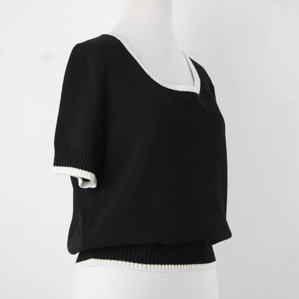 St John Sport Sz L Black White Trim Round Neck Santana Knit Wool Rayon Top