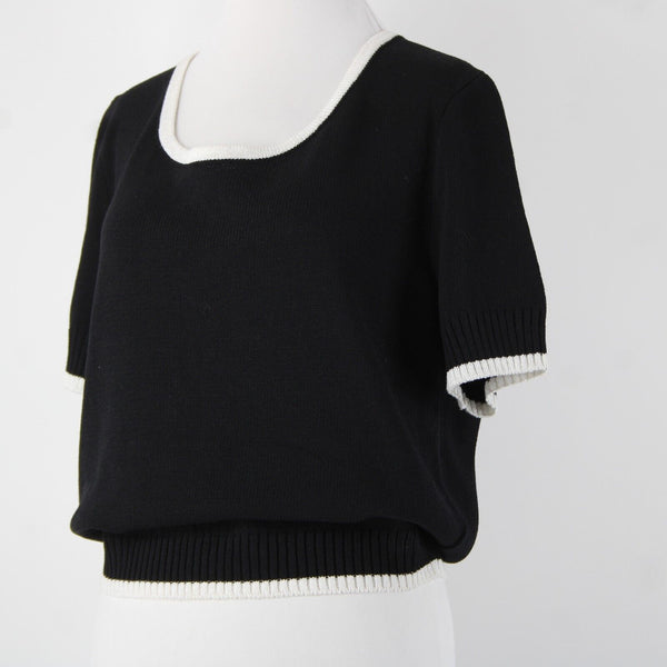 St John Sport Sz L Black White Trim Round Neck Santana Knit Wool Rayon Top