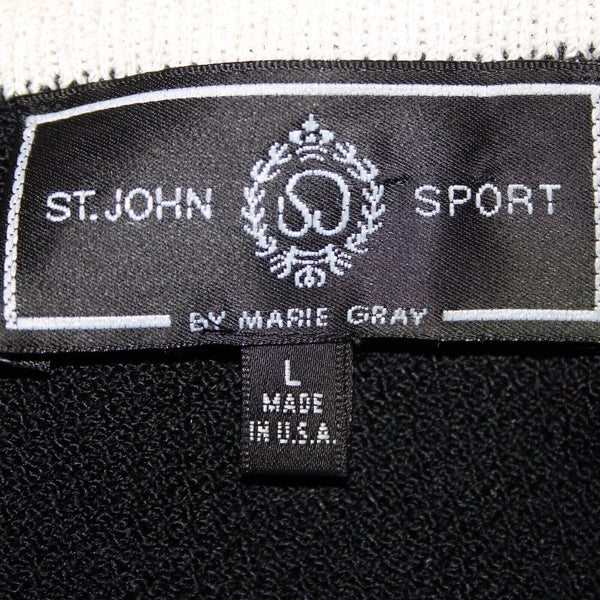 St John Sport Sz L Black White Trim Round Neck Santana Knit Wool Rayon Top