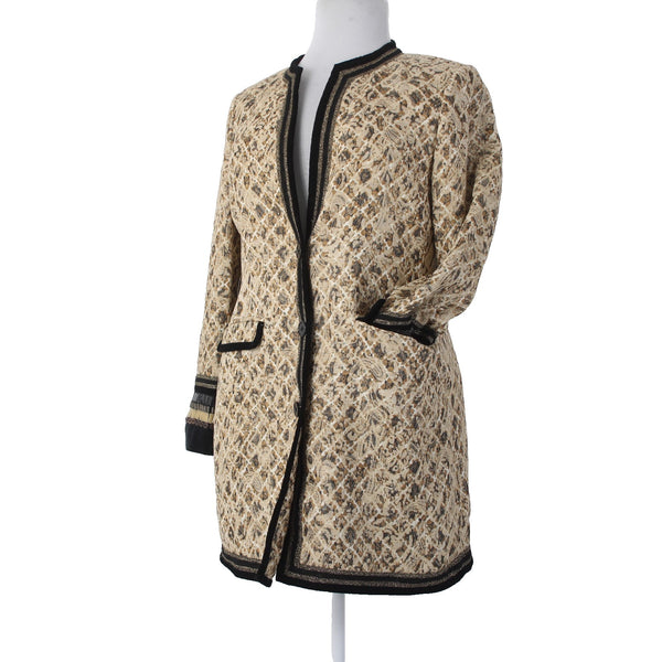 Chicos Jacket Sz 2 Tan Black Buttons Pockets Rayon Polyester Metallic Jacket