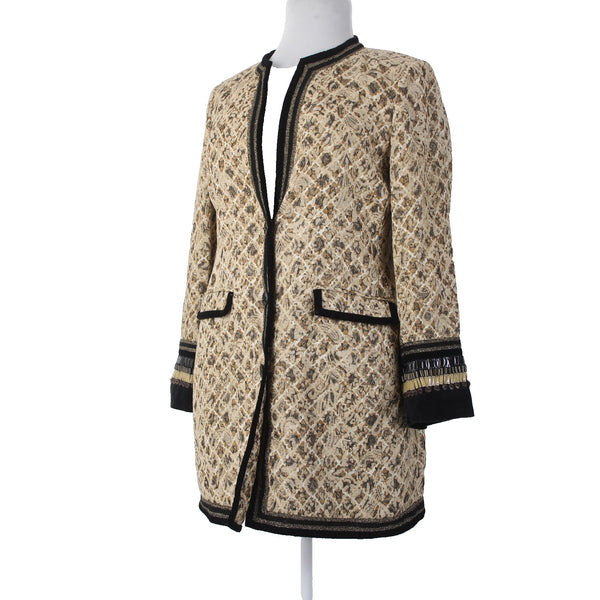 Chicos Jacket Sz 2 Tan Black Buttons Pockets Rayon Polyester Metallic Jacket