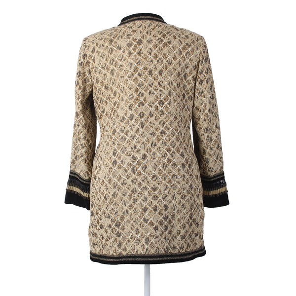 Chicos Jacket Sz 2 Tan Black Buttons Pockets Rayon Polyester Metallic Jacket