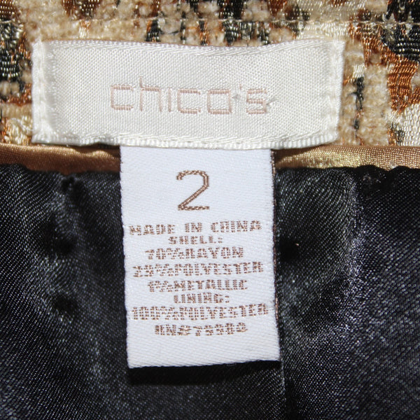 Chicos Jacket Sz 2 Tan Black Buttons Pockets Rayon Polyester Metallic Jacket