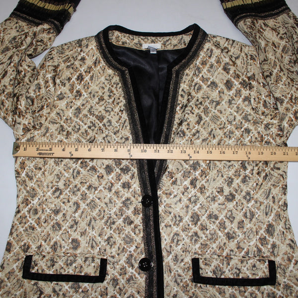 Chicos Jacket Sz 2 Tan Black Buttons Pockets Rayon Polyester Metallic Jacket