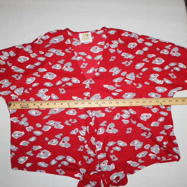 Cake Top Sz S Red Gray White Animal Print V Neck Asymm 100% Polyester Top
