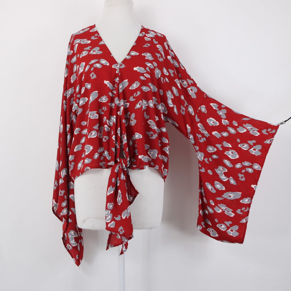 Cake Top Sz S Red Gray White Animal Print V Neck Asymm 100% Polyester Top