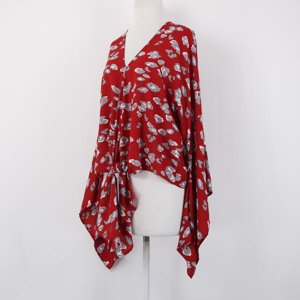 Cake Top Sz S Red Gray White Animal Print V Neck Asymm 100% Polyester Top