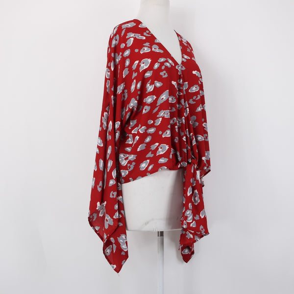 Cake Top Sz S Red Gray White Animal Print V Neck Asymm 100% Polyester Top