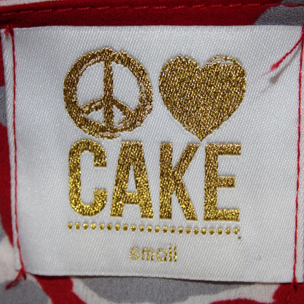 Cake Top Sz S Red Gray White Animal Print V Neck Asymm 100% Polyester Top