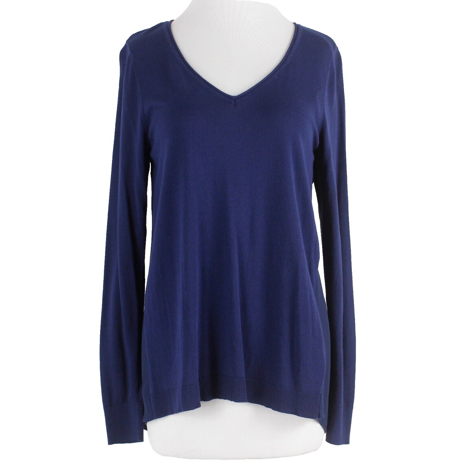 White House Black Market NEW $88 Sz S Navy Knit Asymmetrical V Neck Poly Top