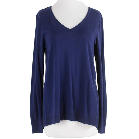 White House Black Market NEW $88 Sz S Navy Knit Asymmetrical V Neck Poly Top