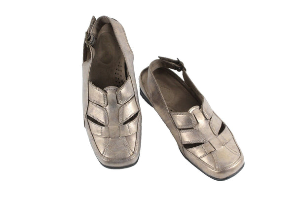 Easy Street Sz 6M Antique Gold Strappy Comfort Leather Slingback Flats