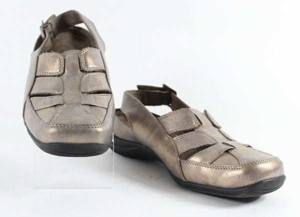 Easy Street Sz 6M Antique Gold Strappy Comfort Leather Slingback Flats