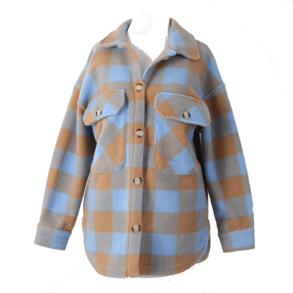 English Factory Sweater NEW Gingham Shacket Sz XS Blue Brown Polyester Sweater