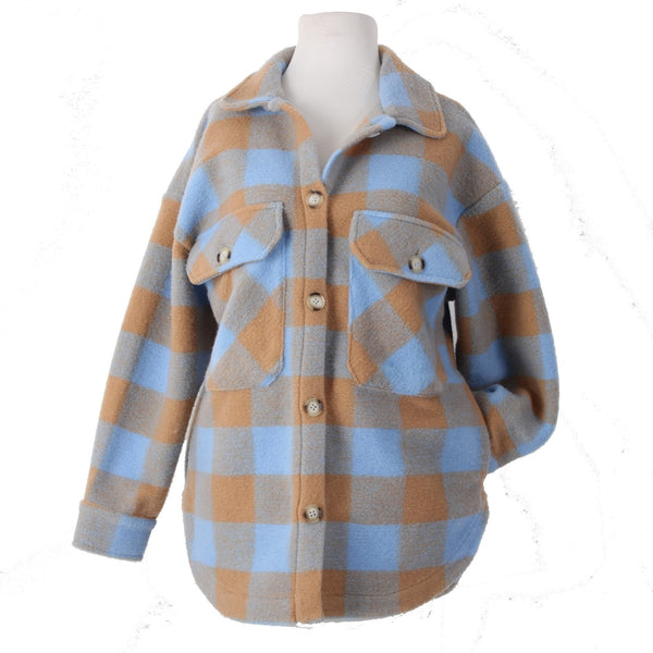 English Factory Sweater NEW Gingham Shacket Sz XS Blue Brown Polyester Sweater