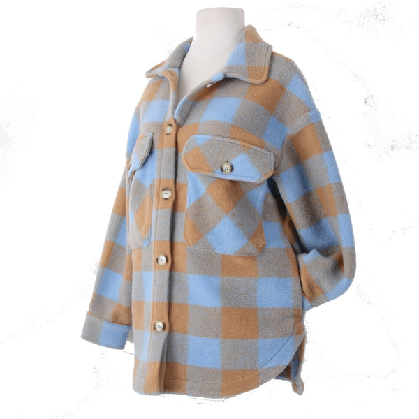 English Factory Sweater NEW Gingham Shacket Sz XS Blue Brown Polyester Sweater