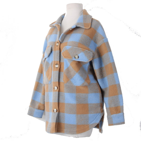 English Factory Sweater NEW Gingham Shacket Sz XS Blue Brown Polyester Sweater