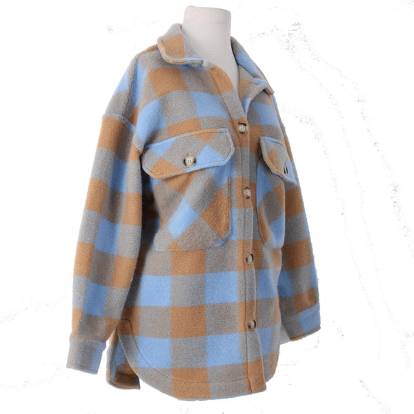 English Factory Sweater NEW Gingham Shacket Sz XS Blue Brown Polyester Sweater