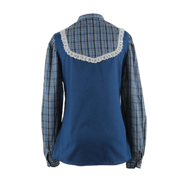 Sheplers VTG Sz 12 Blue Multi Plaid Lace Accent Poly Blend Button Front Top