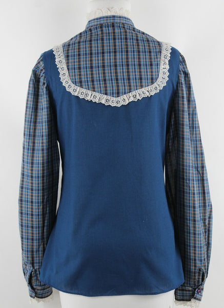 Sheplers VTG Sz 12 Blue Multi Plaid Lace Accent Poly Blend Button Front Top